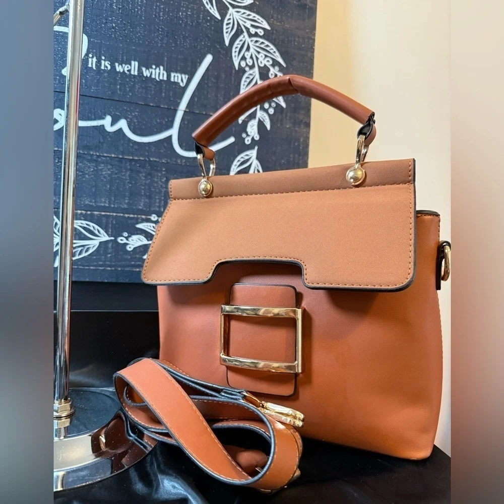 Rust Brown Vegan Leather Satchel with Adjustable Strap and Spacious Interior